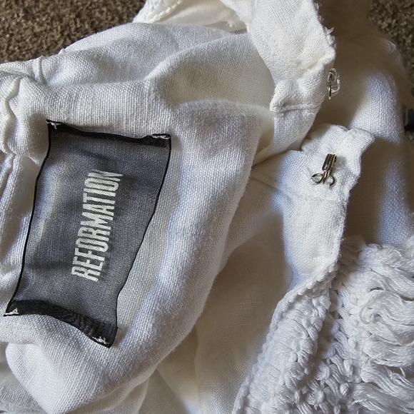 Reformation White 100% Linen front pockets Minimalistic Fringe Mini dress sz 0 - Picture 8 of 10